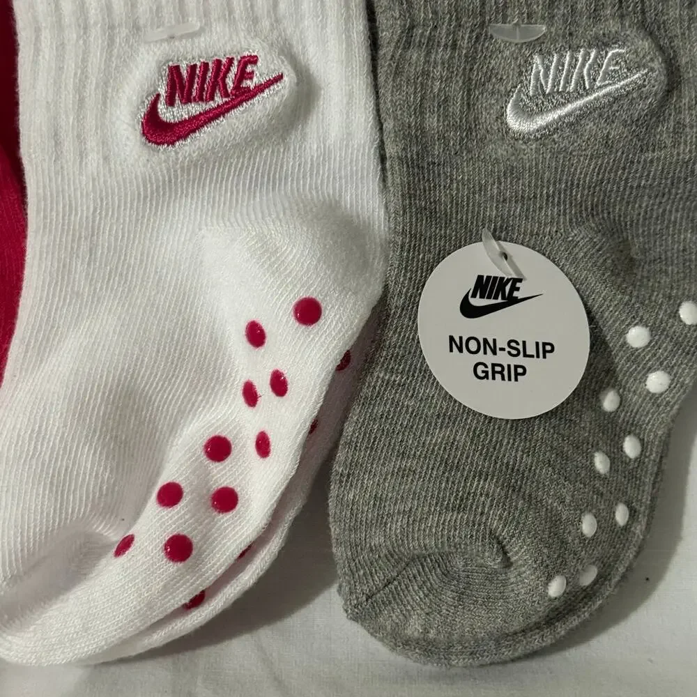 Nike Baby 3 Pk Pink White Grey Ankle No Slip Embroidery Logo Sock Set Sz 12-24 M